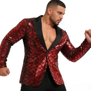 Men's red sequin blazer jacket diamond pattern peak lapel party stage performance costume