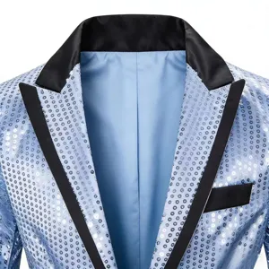 Men's shiny sequin blazer jacket, stylish disco party suit coat with black satin lapel.