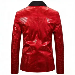 Men's red sequin suit jacket back detail, stylish shiny blazer for party stage performance.