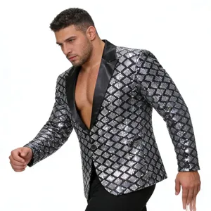 Men's diamond sequin blazer peak lapel single button party stage performance suit jacket