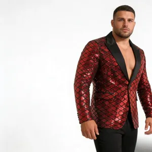Men's red sequin peak lapel blazer detail, stylish diamond pattern party suit jacket.