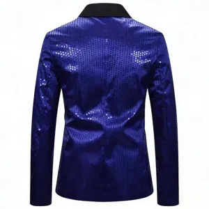 Blue sequin men blazer back view detail, shimmering fabric, tailored fit for night club.
