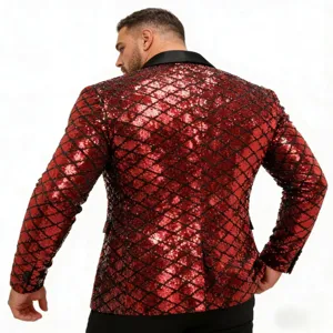 Detailed back view of men's red sequined suit jacket with black peak lapel for party.