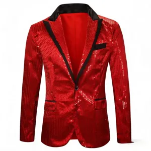 Close-up of men red sequin blazer with black lapel, shiny party jacket fabric detail.