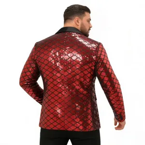Men's red sequin blazer with diamond pattern and peak lapel for party and stage wear.