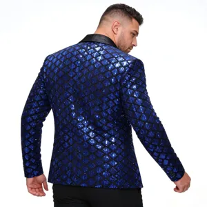 Men's diamond sequin blazer detail view, peak lapel party suit jacket for stage performance.