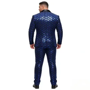 Men's blue sequin suit rhinestone diamond pattern party blazer trousers stage prom outfit