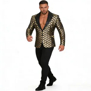 Men's stylish black and gold sequin blazer with peak lapel for party stage suit jacket.