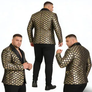 Men's golden diamond sequin blazer with black lapel, perfect for stage and party events.