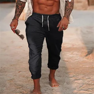 Pantaloni da spiaggia uomo estate cotone lino coulisse casual tinta unita larghi dettaglio
