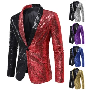 Men's Fashion Sequin Patchwork Blazer Slim Fit One Button Party Wedding Performance Hosting Suit Jacket Outerwear For Men