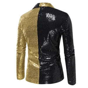 Back detail of men colorblock sequin blazer, shining performance party jacket closeup view.