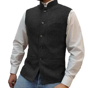 Men's Classic Herringbone Tweed Stand Collar Waistcoat Vest for Business and Casual Wear