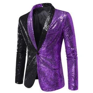 Detailed view of the men's black and purple split sequin suit jacket with contrast shawl lapel.