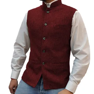 Men's mandarin collar herringbone waistcoat, stylish burgundy vest for casual and formal wear.