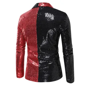 Back view detail of men colorblock sequin blazer, striking red and black party jacket.