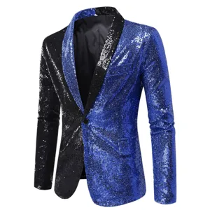 Close-up detail view of men's color-block black and blue sequin blazer with classic shawl lapel.