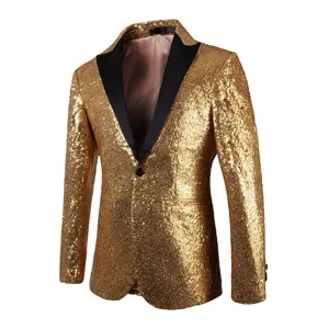 Veste de blazer à sequins dorés pour hommes avec revers noir, un bouton pour la scène.