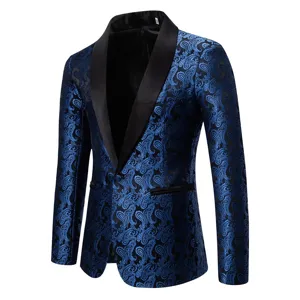 Blue black paisley men suit jacket detail, sophisticated jacquard fabric, stylish shawl lapel.