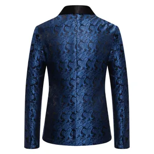 Detailed back view of men's blue paisley jacquard blazer jacket with black satin lapel.