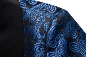 Close-up detail view of men suit jacket fabric featuring black and blue paisley jacquard pattern.