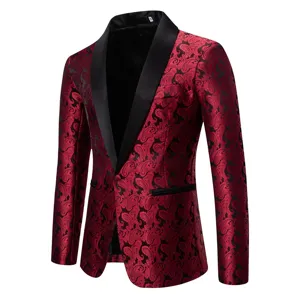 Close-up details of the red black paisley jacquard fabric, black satin shawl lapel, single button.