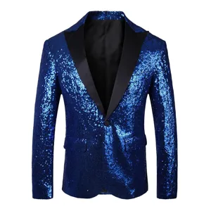 Blazer à sequins bleu roi pour homme avec revers noir pour soirée et danse de scène.