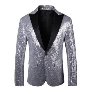 Blazer à sequins argentés pour homme avec revers noir, veste de costume brillante pour spectacles de danse.