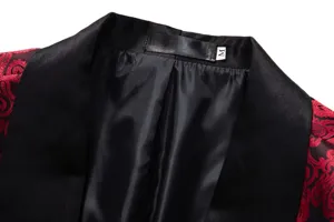Men's stylish jacquard blazer suit collar detail view showcasing black satin lapel and lining.