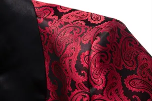 Close-up detail of mens red and black paisley jacquard suit jacket with black satin lapel.