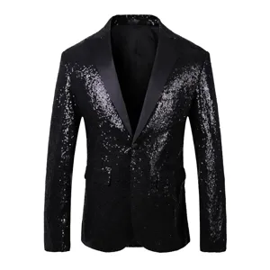 Blazer élégant noir à sequins pour hommes avec revers en satin, idéal pour la scène.
