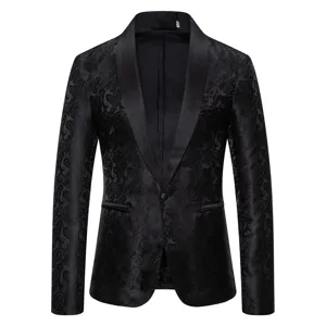 Detail of black men's blazer featuring elegant paisley jacquard pattern and satin lapel.