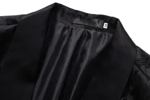 Men's black jacquard suit jacket detail view showing inner collar and lining design.