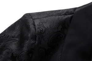 Close-up detail of black men's suit jacket featuring elegant paisley jacquard fabric pattern.