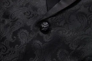 Black paisley jacquard suit jacket fabric and satin lapel button close-up detail shot