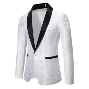 Men's white paisley blazer with black shawl lapel single button elegant suit jacket.