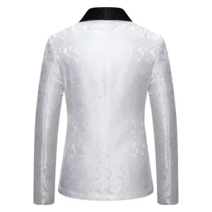 Detail view of white paisley jacquard mens blazer jacket back with black shawl lapel.