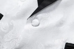 Close-up detail of mens white paisley jacquard suit jacket lapel and fabric button texture.