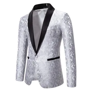 Mens white paisley blazer stylish black shawl lapel one button slim fit suit jacket
