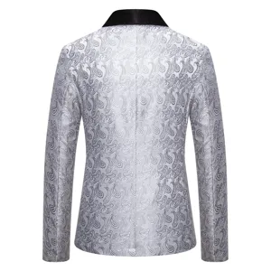 Detailed back view of men silver paisley jacquard fashion blazer with black contrast lapel.