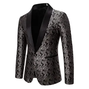 Men's black paisley jacquard blazer satin shawl lapel stylish formal suit jacket detail