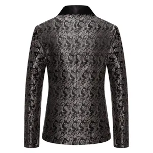 Men paisley jacquard suit jacket back view, stylish formal blazer for autumn winter wear.