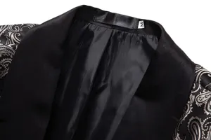 Men's suit jacket detail with paisley jacquard fabric and elegant black satin lapel design.