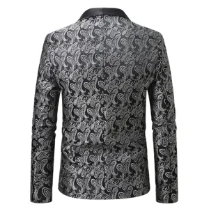 Men's black and silver paisley jacquard blazer detail view, elegant formal suit jacket.