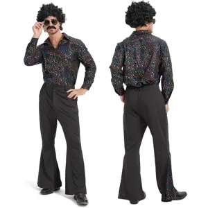 Costume disco retrò anni 70 uomo, camicia pois colorati pantaloni a zampa festa