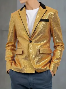 Chaqueta de blazer con lentejuelas doradas brillantes para hombre con solapa negra para fiesta.