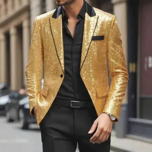 Blazer de Lentejuelas para Hombre Chaqueta de Traje Brillo Un Botón Solapa Discoteca Fiesta Escenario Espectáculo Esmoquin