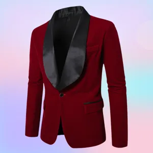 Men velvet blazer jacket red shawl lapel slim fit wedding party tuxedo formal suit top