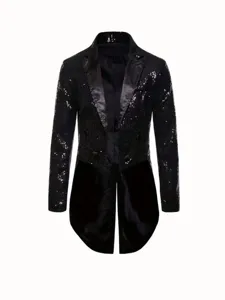 Men black sequin tailcoat detail featuring satin lapels and sparkling stage costume design.