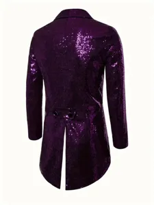 Close-up of the back of a dazzling purple sequin tailcoat, featuring decorative double buttons.